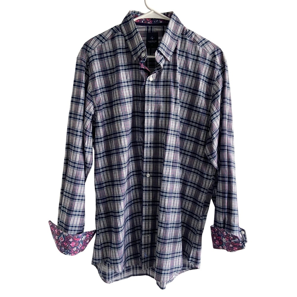 3/$25 Tailorbyrd Mens Large Plaid Button Down Shirt Floral‎ Cuff Navy Pink